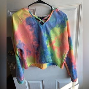Rainbow tie-dye long sleeve crop top with a hood